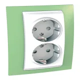 Розетка двухместная Schneider Electric UNICA, скрытый монтаж, с заземлением, со шторками, белый/зеленое яблоко